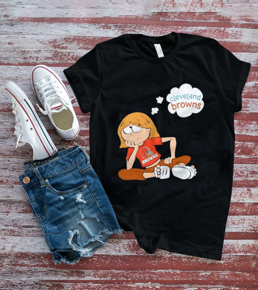 Cleveland Browns Cartoon Girl Sitting With Thought Bubble T-Shirt