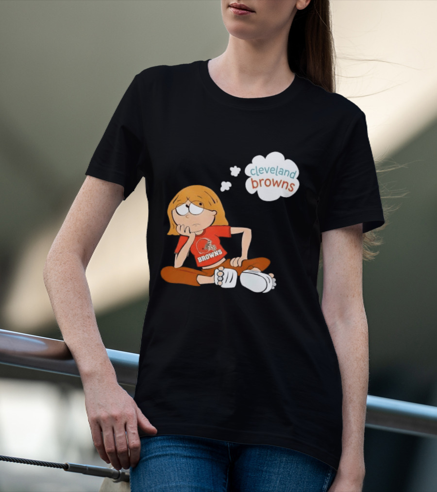 Cleveland Browns Cartoon Girl Sitting With Thought Bubble T-Shirt