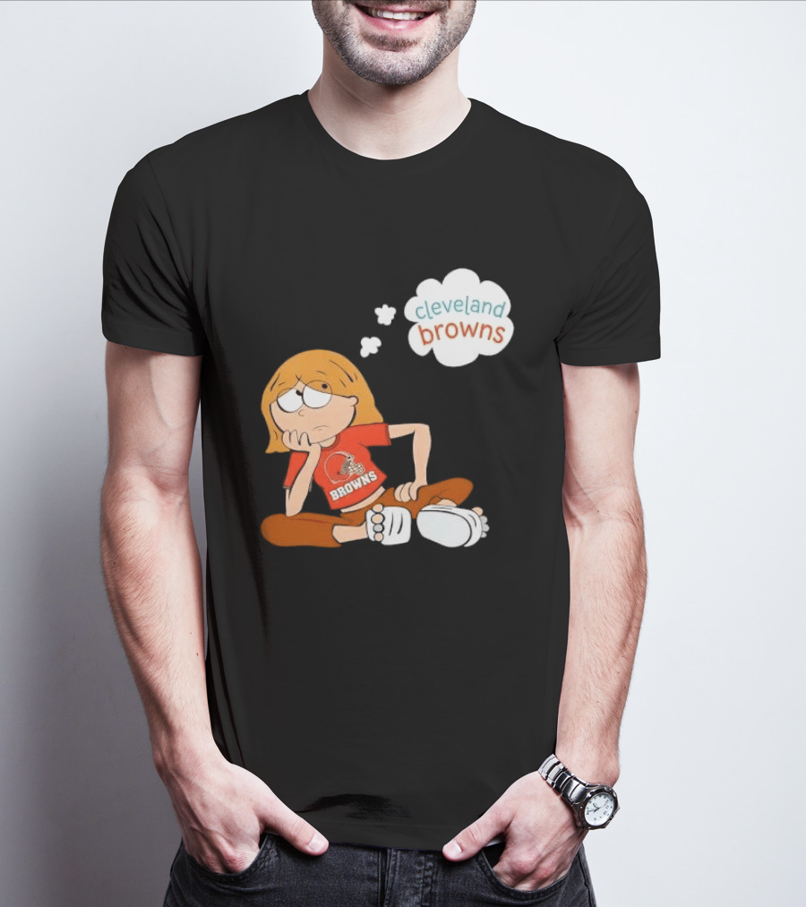 Cleveland Browns Cartoon Girl Sitting With Thought Bubble T-Shirt