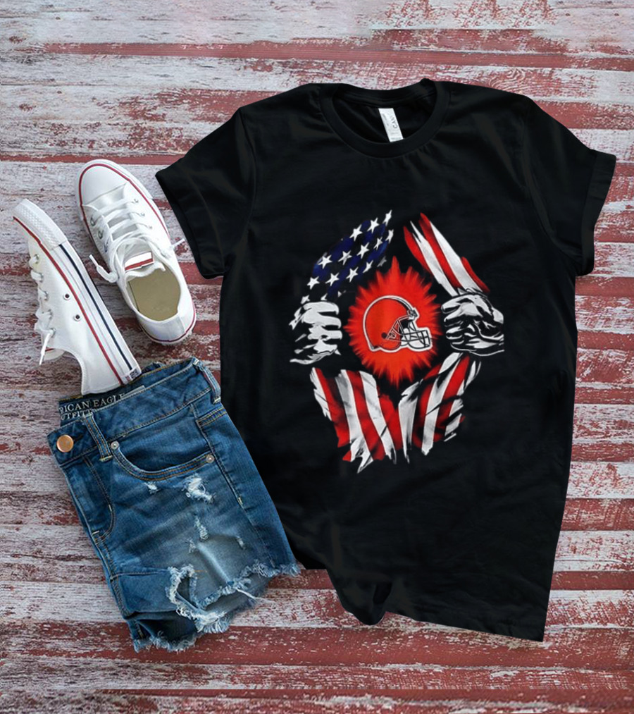 Cleveland Browns Super Man Skull Cap Backwards American Flag Ripped T-Shirt