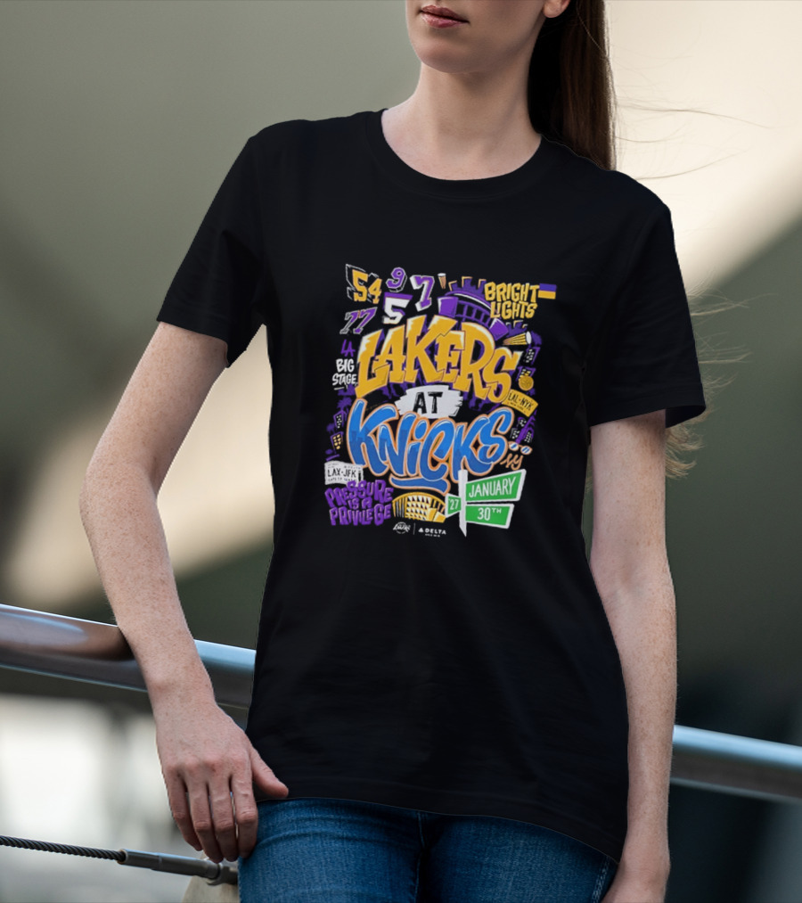 Lakers At Knicks Bright Lights New York January 27 30 2026 T-Shirt