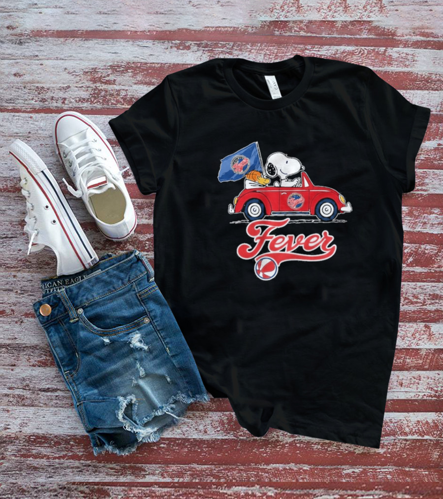 Snoopy Driving Red Car With Indiana Fever WNBA Basketball Logos T-Shirt