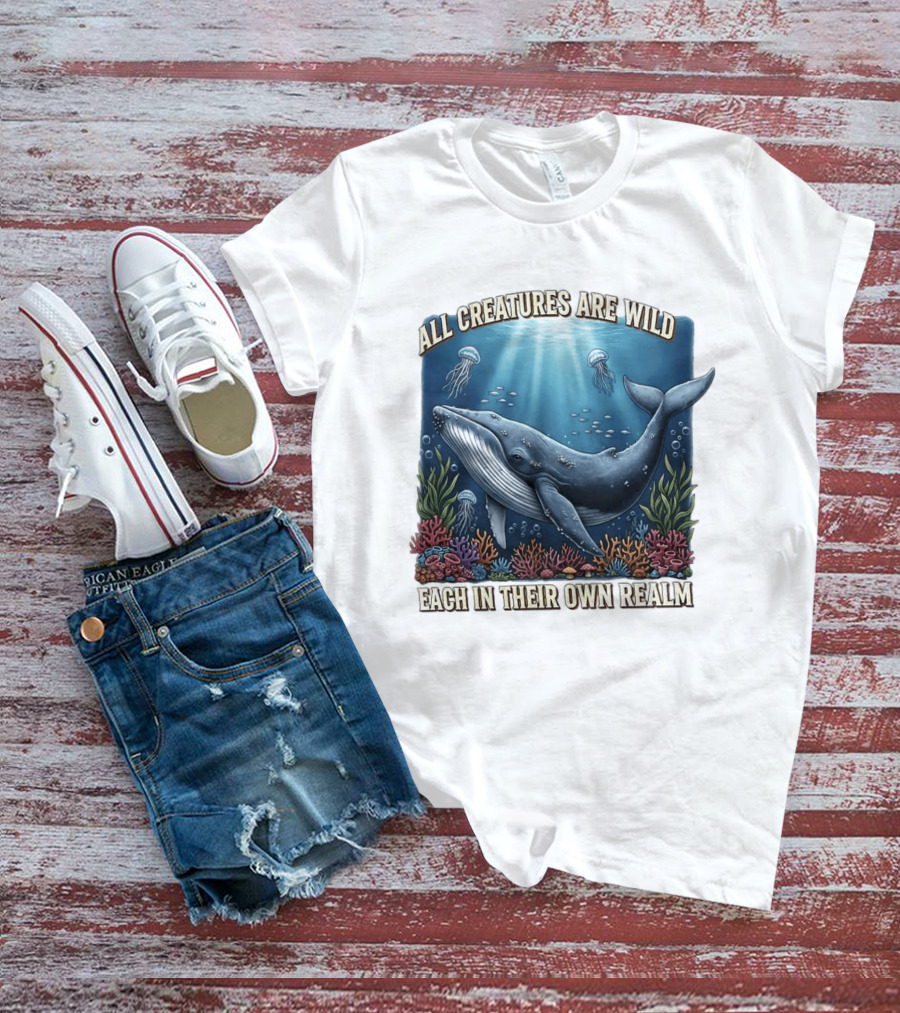 All Creatures Are Wild Humpback Whale Ocean Coral Reef Jellyfish Realm T-Shirt
