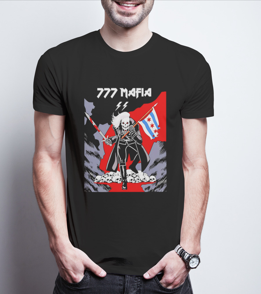 777 Mafia Chicago Flag Skeleton Skull T-Shirt