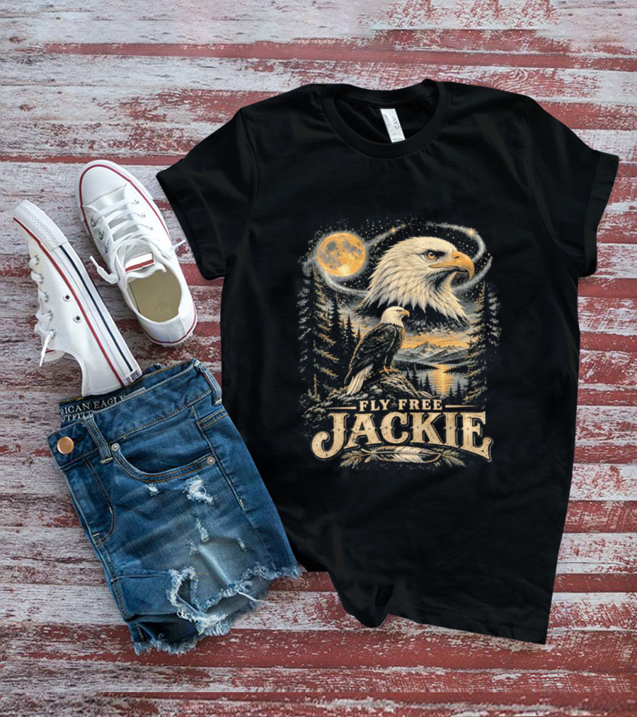 Fly Free Jackie Bald Eagle Scenic Tribute Moonlit Forest Landscape T-Shirt
