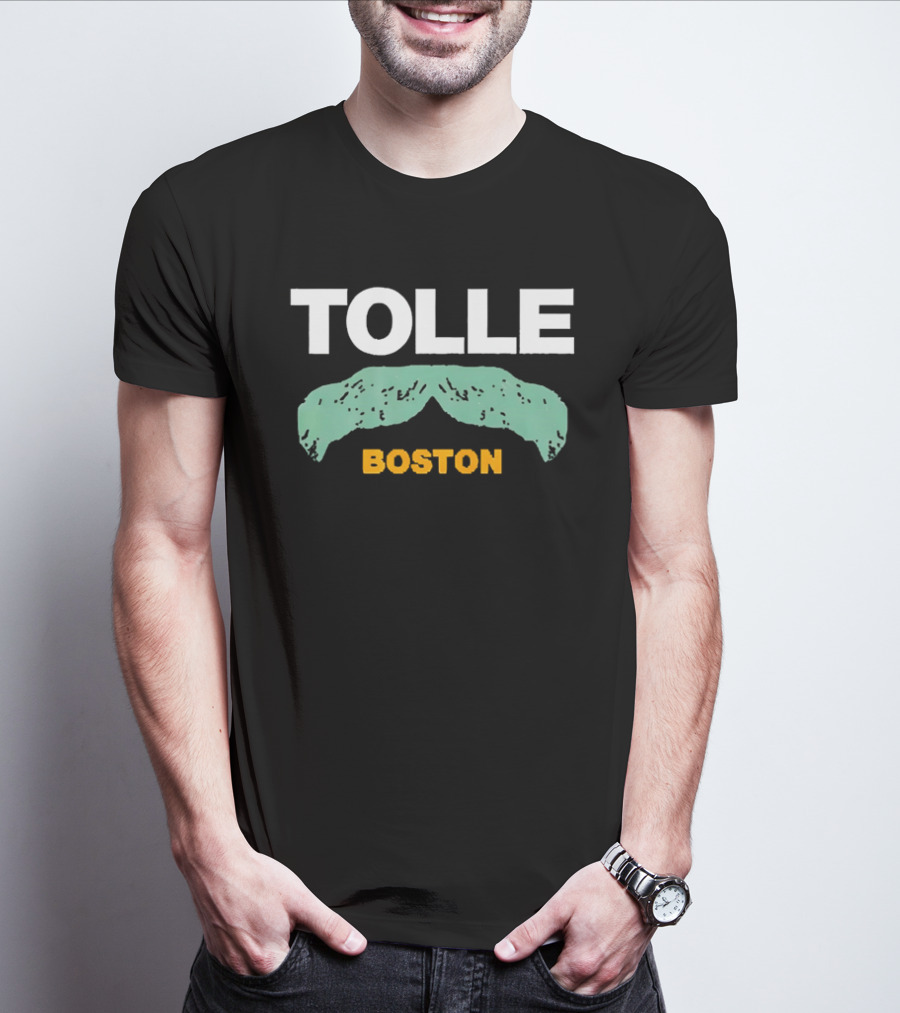 Tolle Boston White And Yellow Distressed Green Mustache T-Shirt