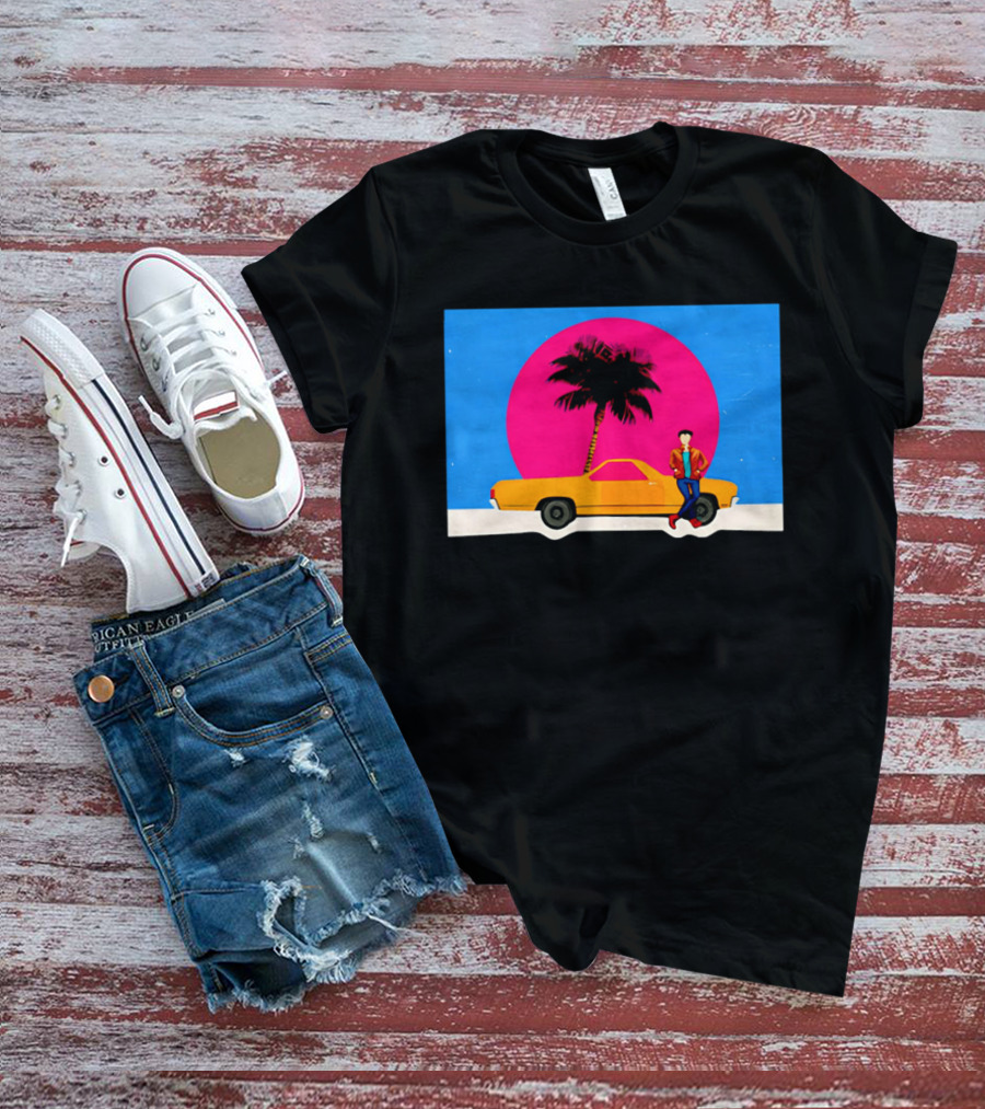 Yellow Car Palm Tree Retro Sunset Aesthetic T-Shirt