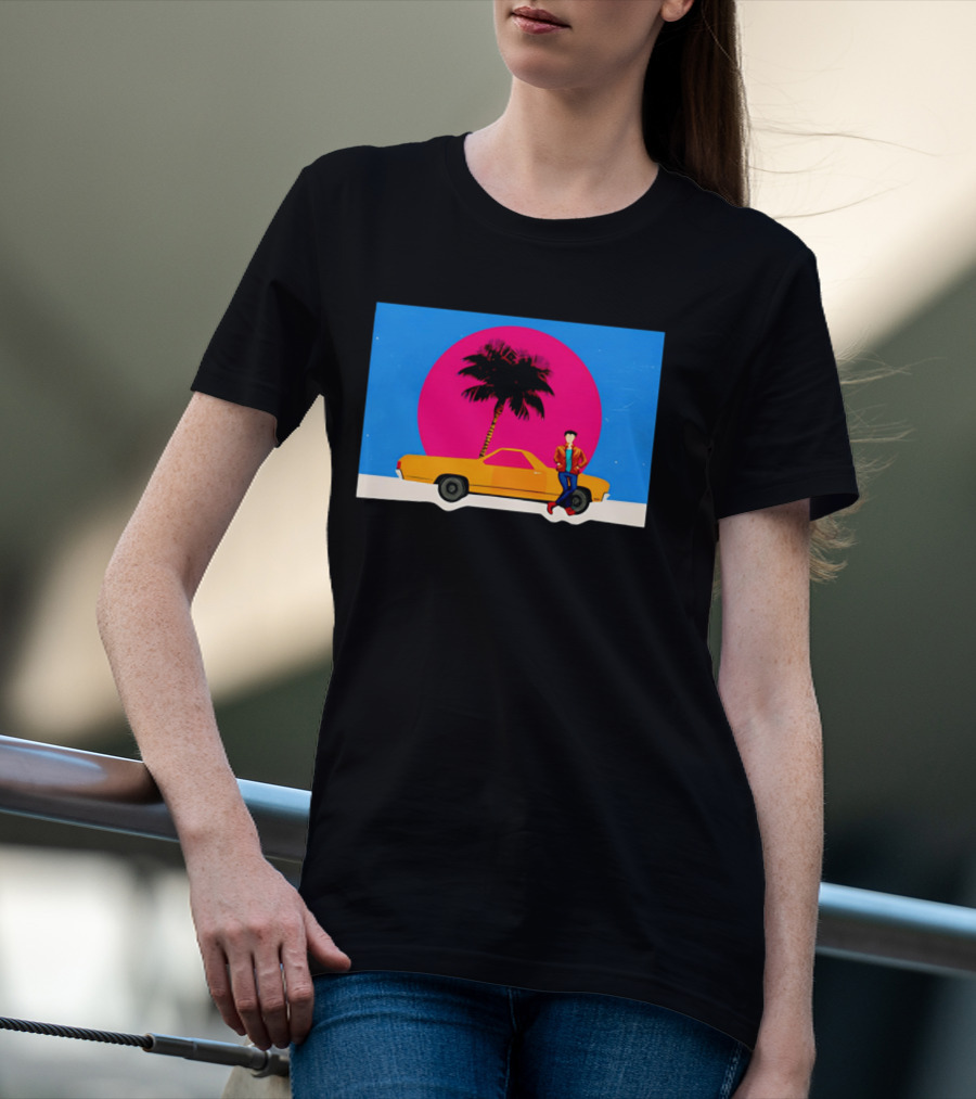 Yellow Car Palm Tree Retro Sunset Aesthetic T-Shirt