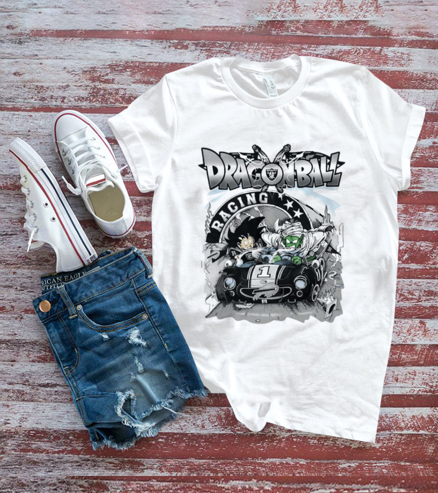 Las Vegas Raiders Dragon Ball Racing Goku Piccolo Driving Black Car Cartoon Raiders NFL T-Shirt