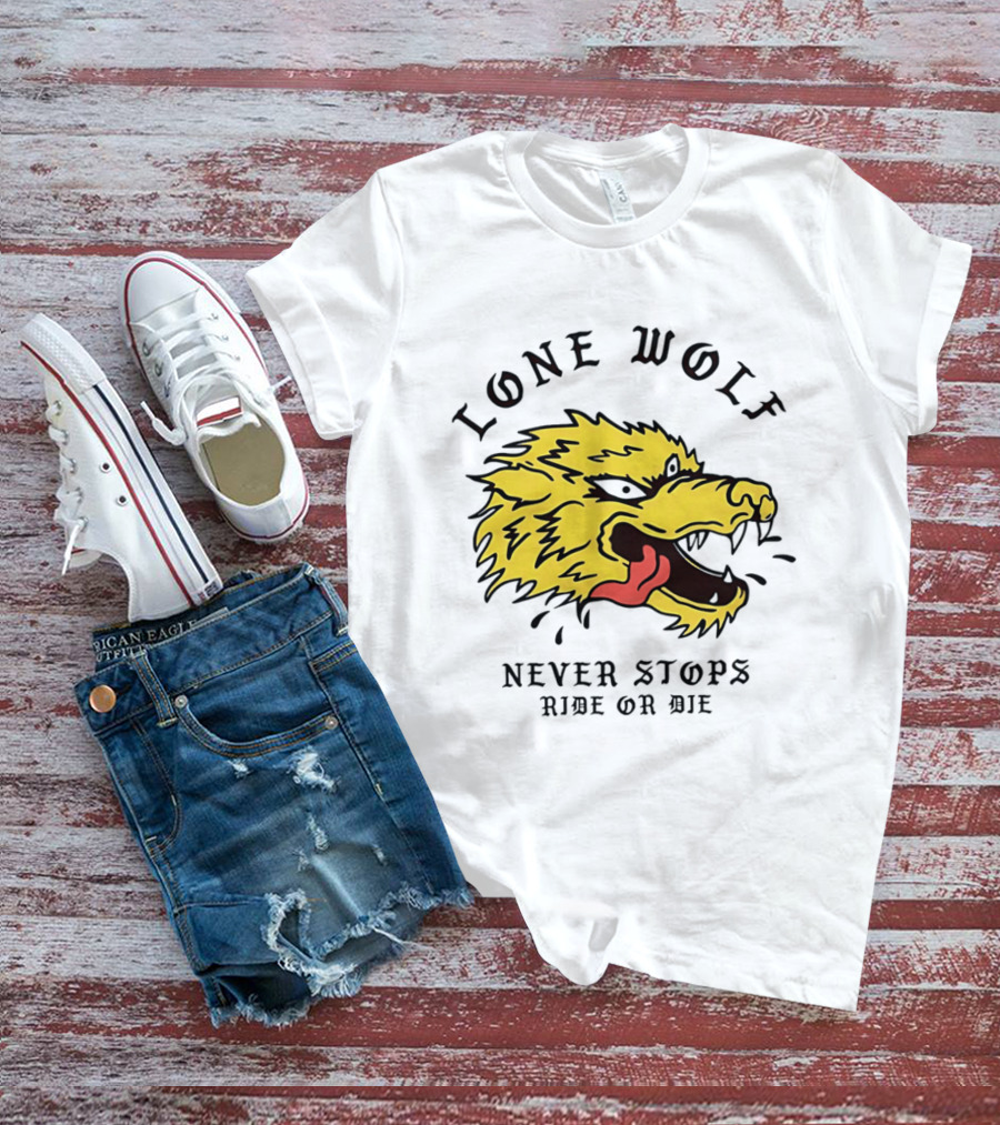 Lone Wolf Never Stops Ride Or Die Fierce Yellow Wolf Head T-Shirt