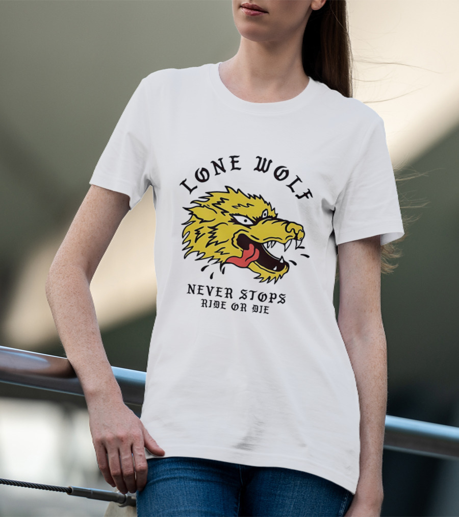 Lone Wolf Never Stops Ride Or Die Fierce Yellow Wolf Head T-Shirt