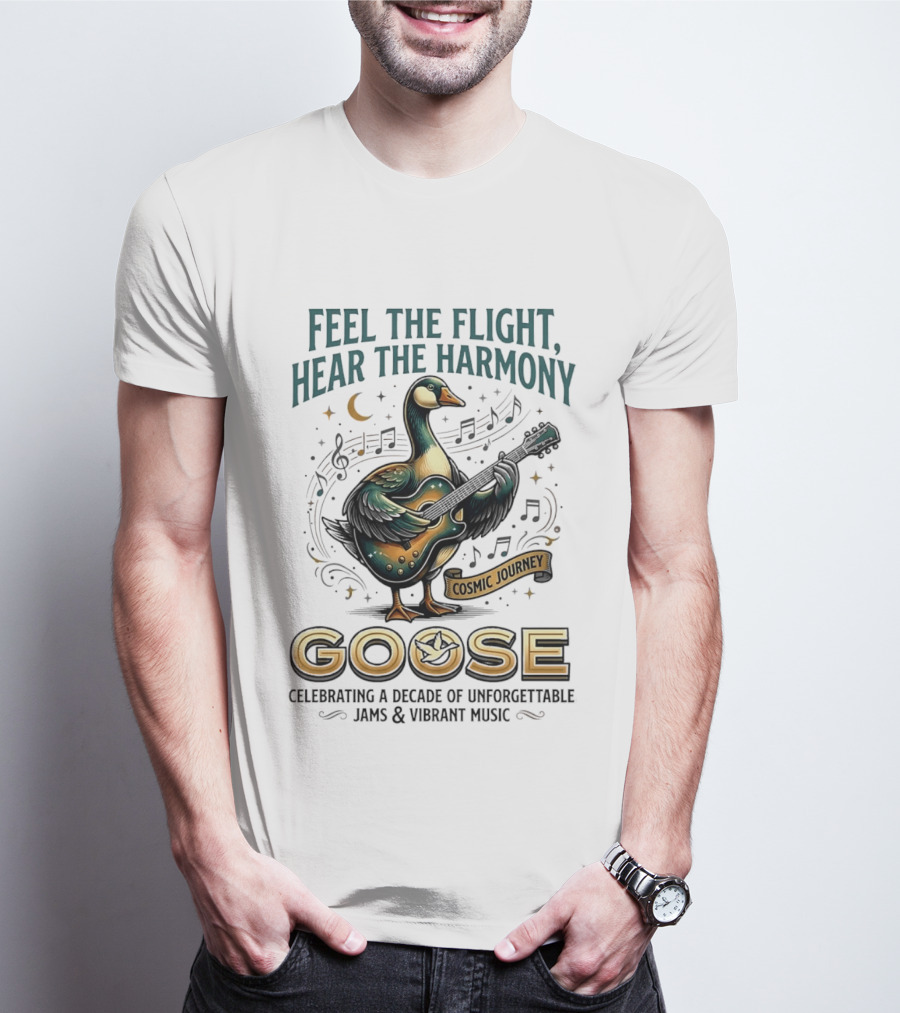Goose Feel The Flight Hear The Harmony Cosmic Journey Celebrating A Decade Of Unforgettable Jams And Vibrant Music Moon Guitar Notes T-Shirt