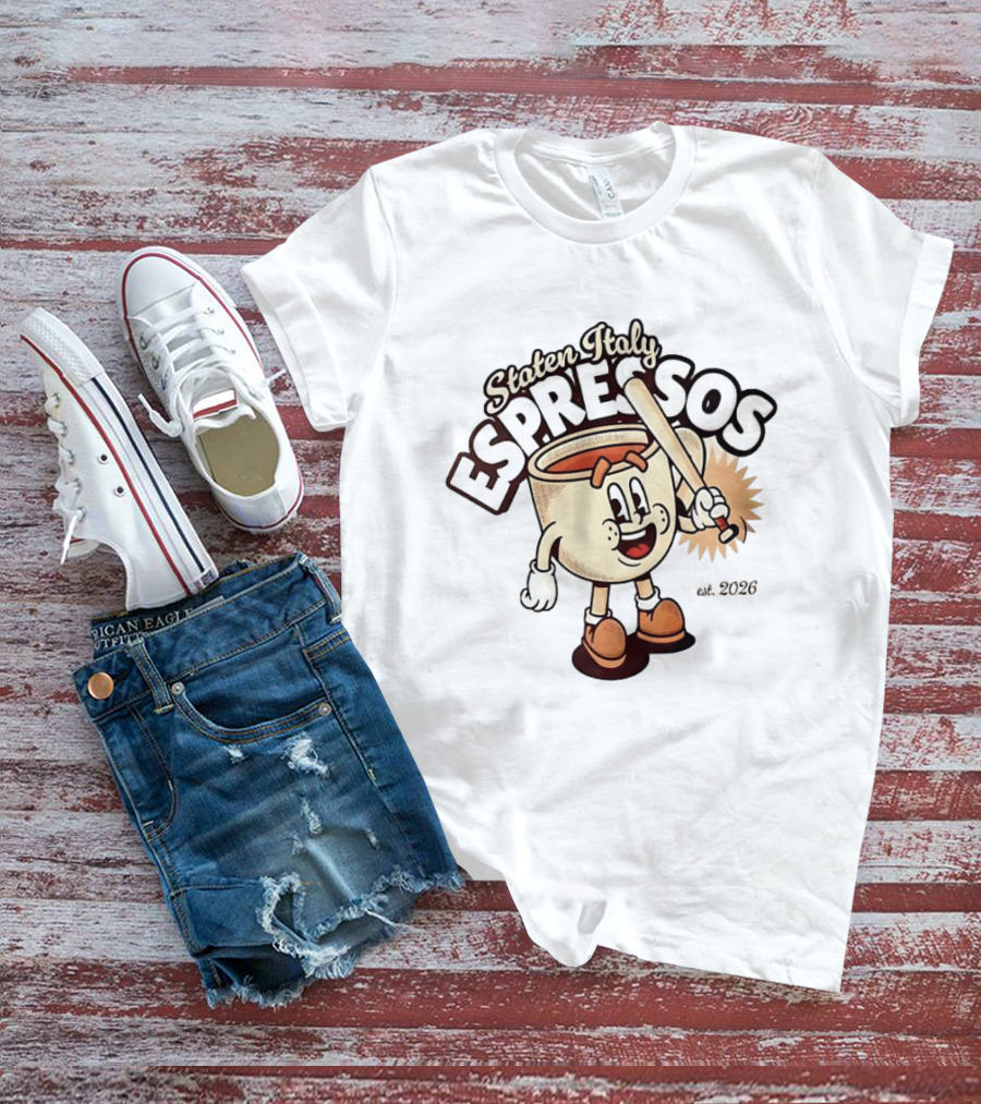 Staten Italy Espressos Est 2026 Cartoon Coffee Cup With Baseball Bat T-Shirt