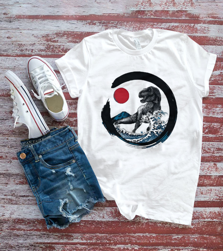 Tyrannosaurus Rex Riding Great Wave With Mount Fuji Enso And Red Sun T-Shirt