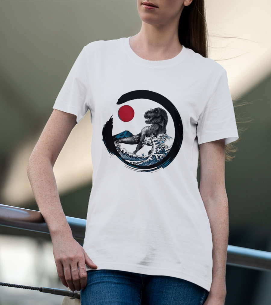 Tyrannosaurus Rex Riding Great Wave With Mount Fuji Enso And Red Sun T-Shirt