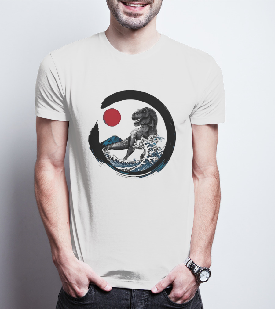 Tyrannosaurus Rex Riding Great Wave With Mount Fuji Enso And Red Sun T-Shirt