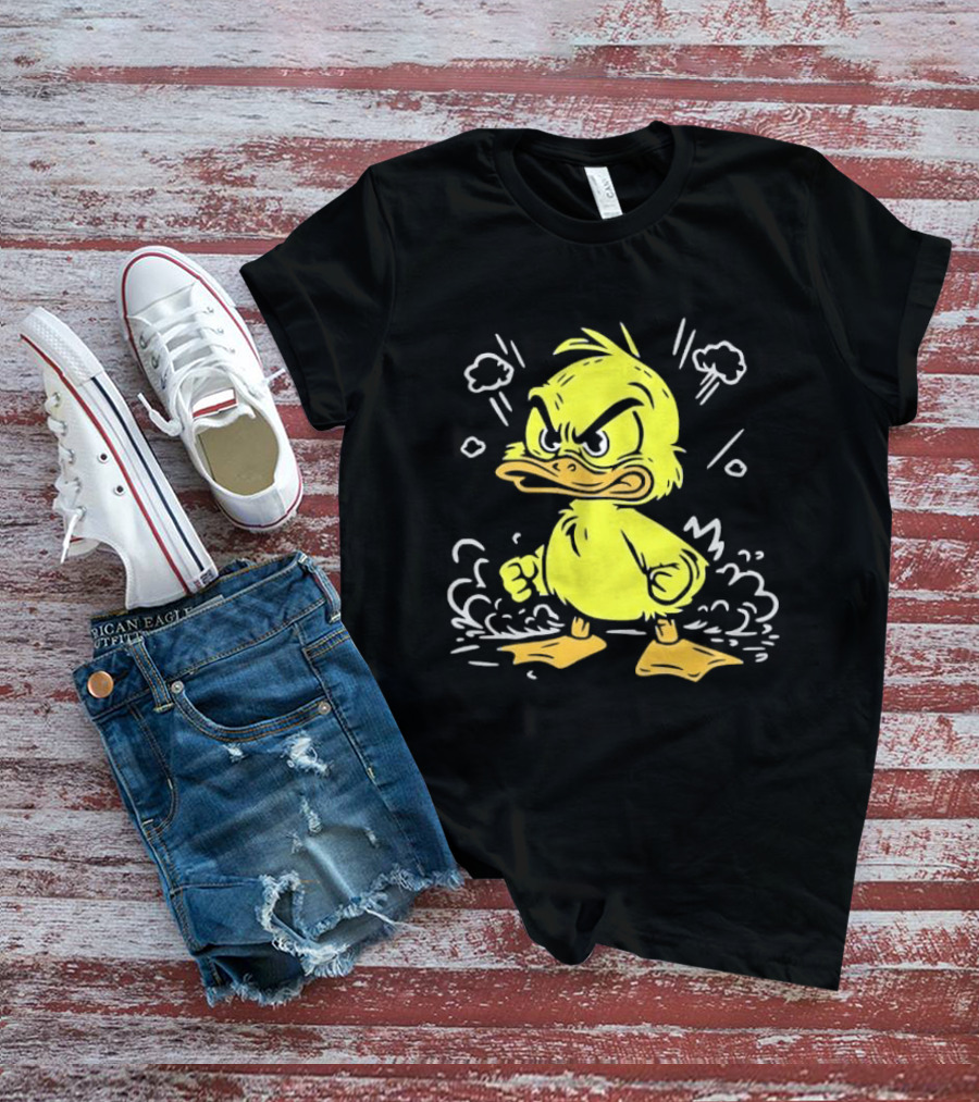Angry Yellow Duckling Clenched Fists Smoke Clouds Cartoon Line T-Shirt