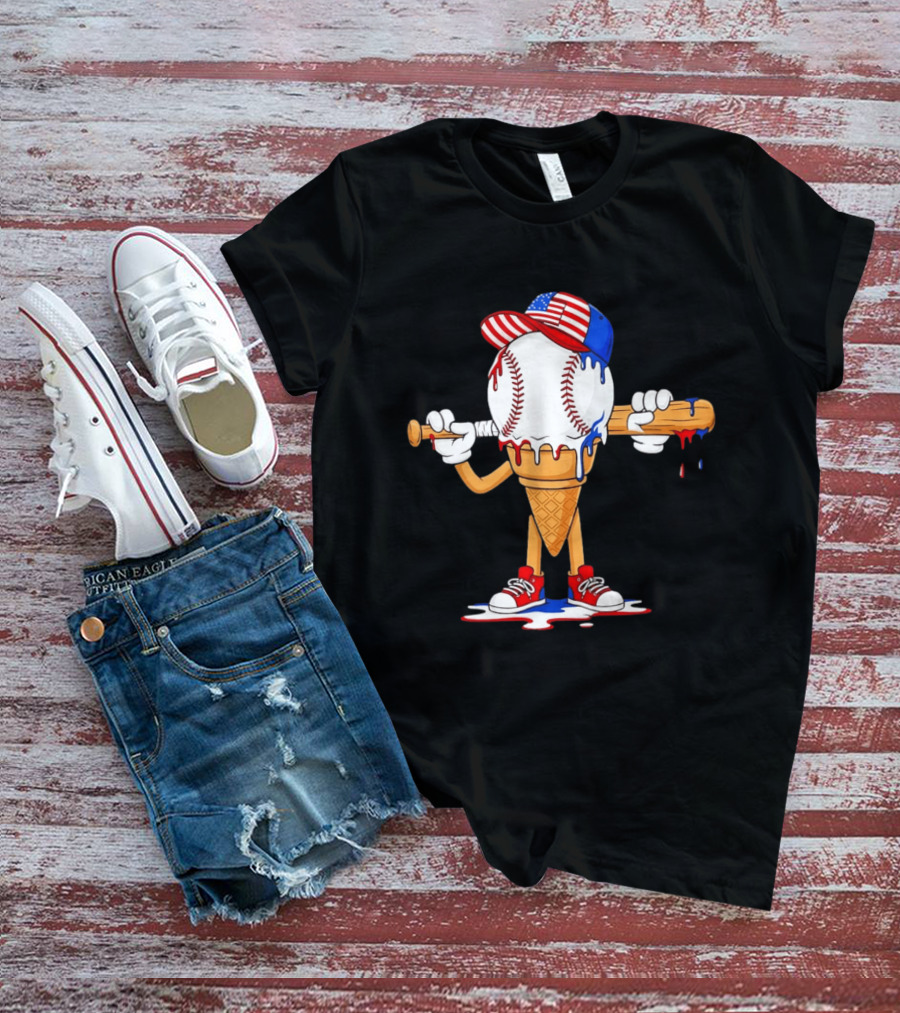 Patriotic Ice Cream Baseball Cone USA Flag Cap And Bat T-Shirt