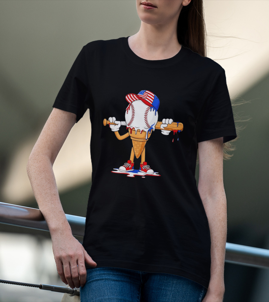 Patriotic Ice Cream Baseball Cone USA Flag Cap And Bat T-Shirt