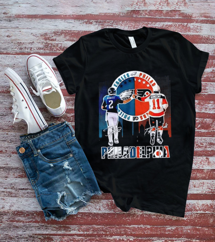 Philadelphia Eagles Flyers Hurts Konecny Fist Bump Split Crest Skyline T-Shirt