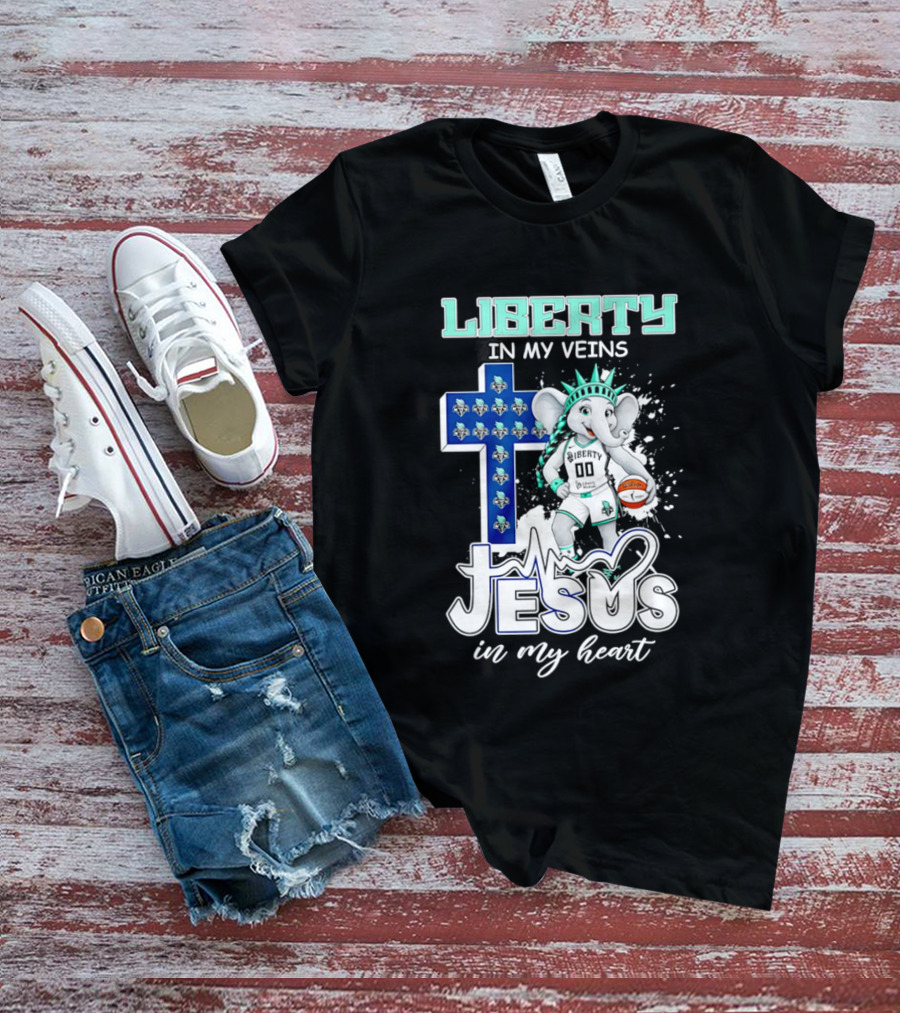 Liberty In My Veins Jesus In My Heart New York Liberty Elephant Basketball Cross T-Shirt