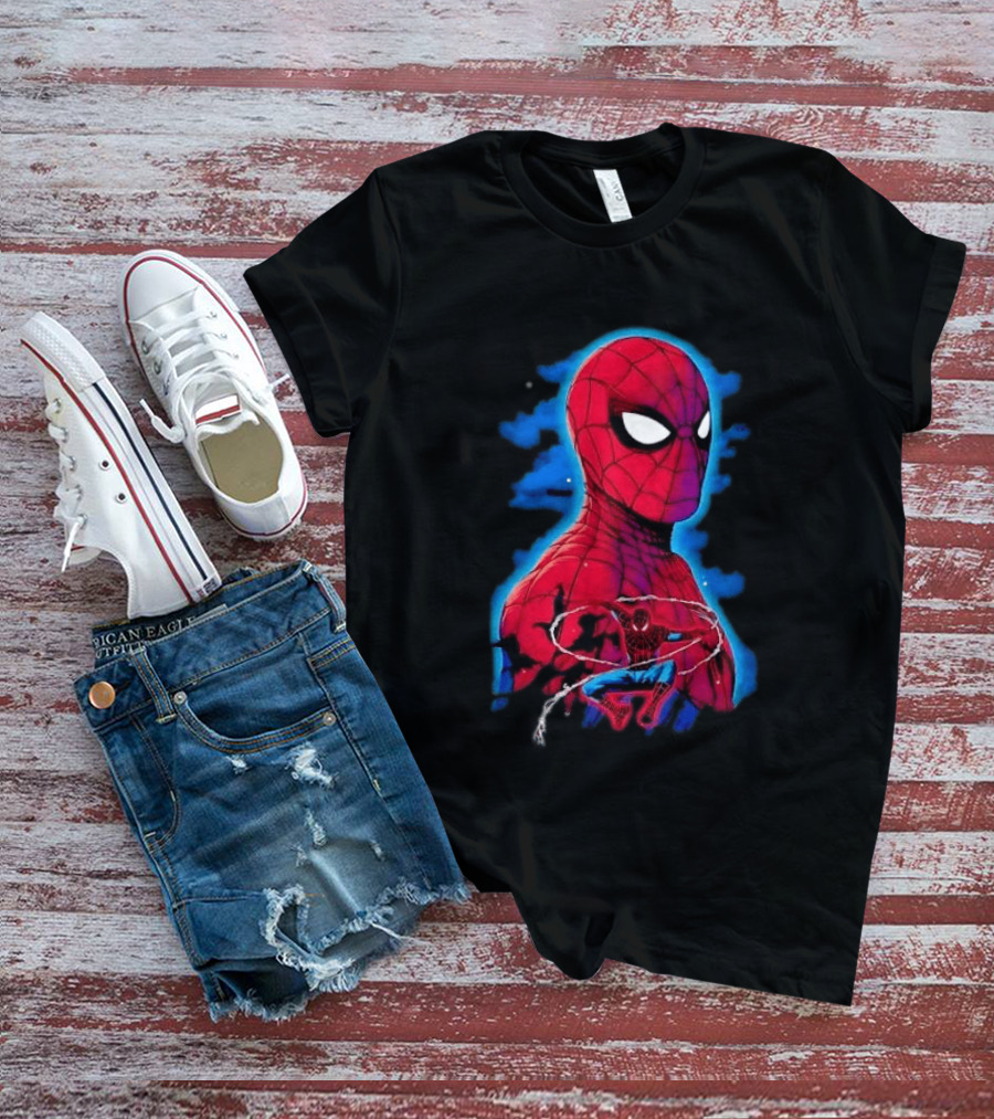 Marvel Spider Man Bust Crouching Web Action Silhouette Clouds T-Shirt