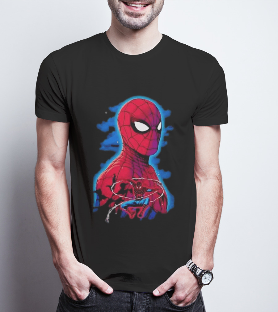 Marvel Spider Man Bust Crouching Web Action Silhouette Clouds T-Shirt