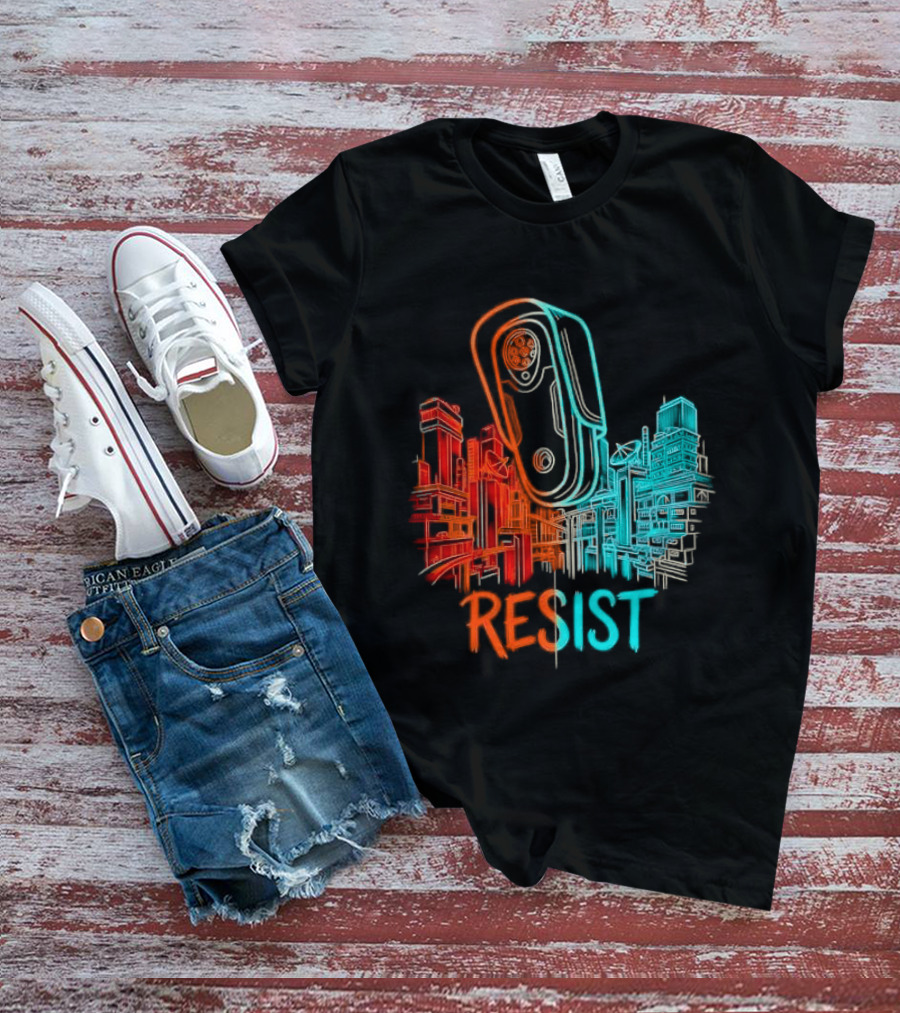 Resist Surveillance Neon City Skyline Security Camera T-Shirt