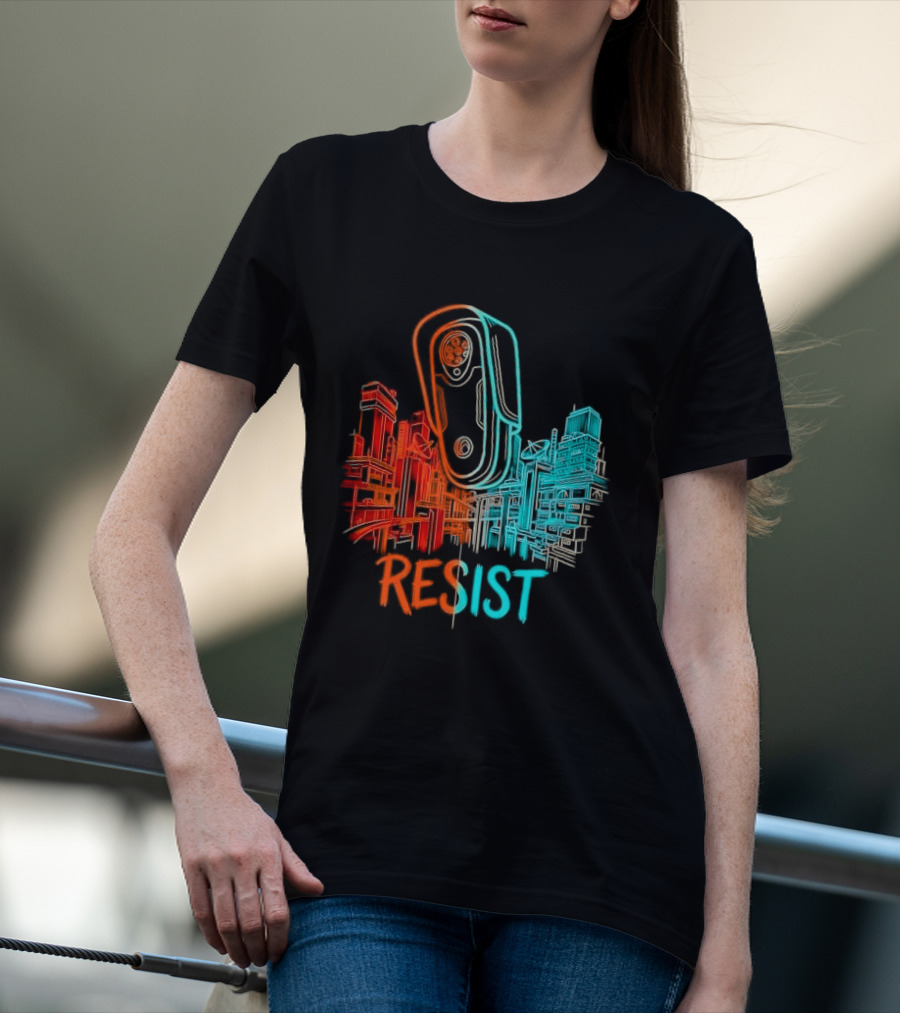 Resist Surveillance Neon City Skyline Security Camera T-Shirt
