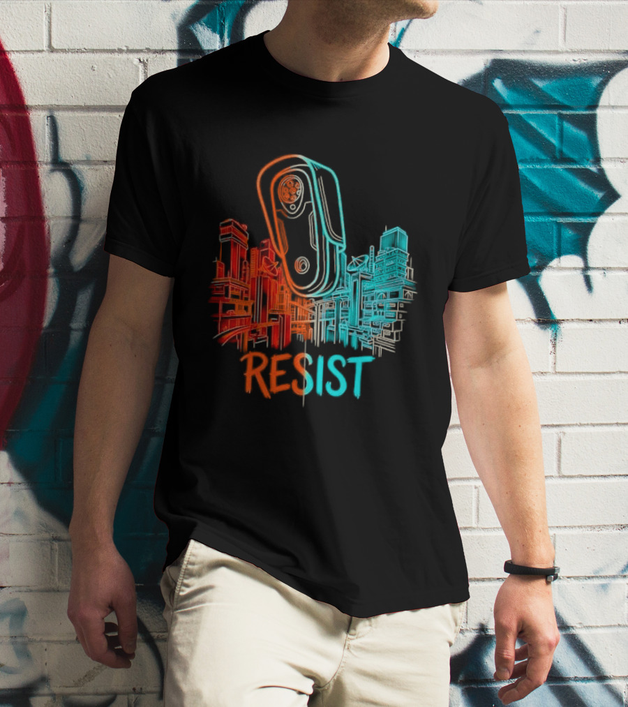 Resist Surveillance Neon City Skyline Security Camera T-Shirt