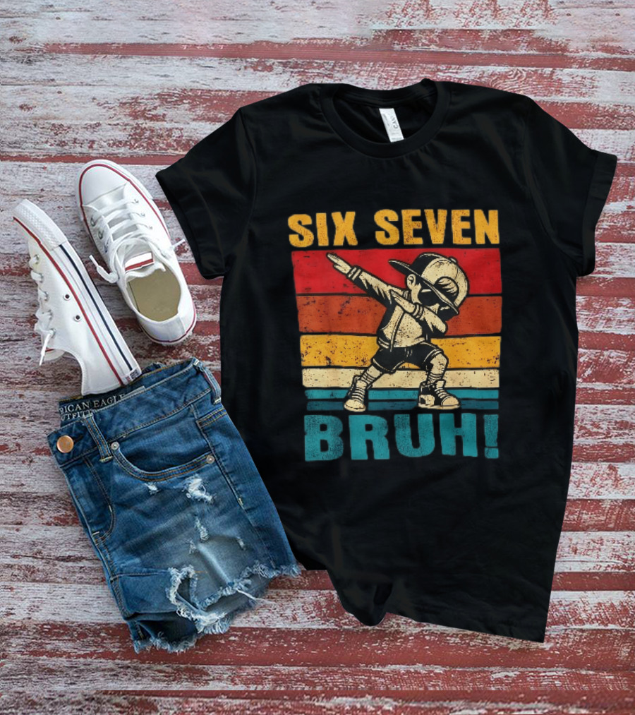 Six Seven Bruh Dabbing Vintage Stripes Kid Dance Cap T-Shirt