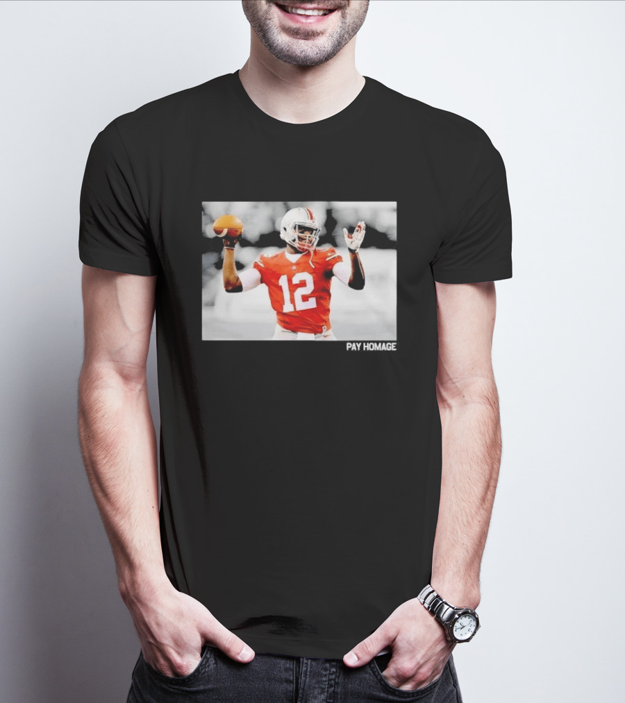Ohio State Buckeyes Quarterback Number 12 Throwing Football Selective Color Pay Homage T-Shirt