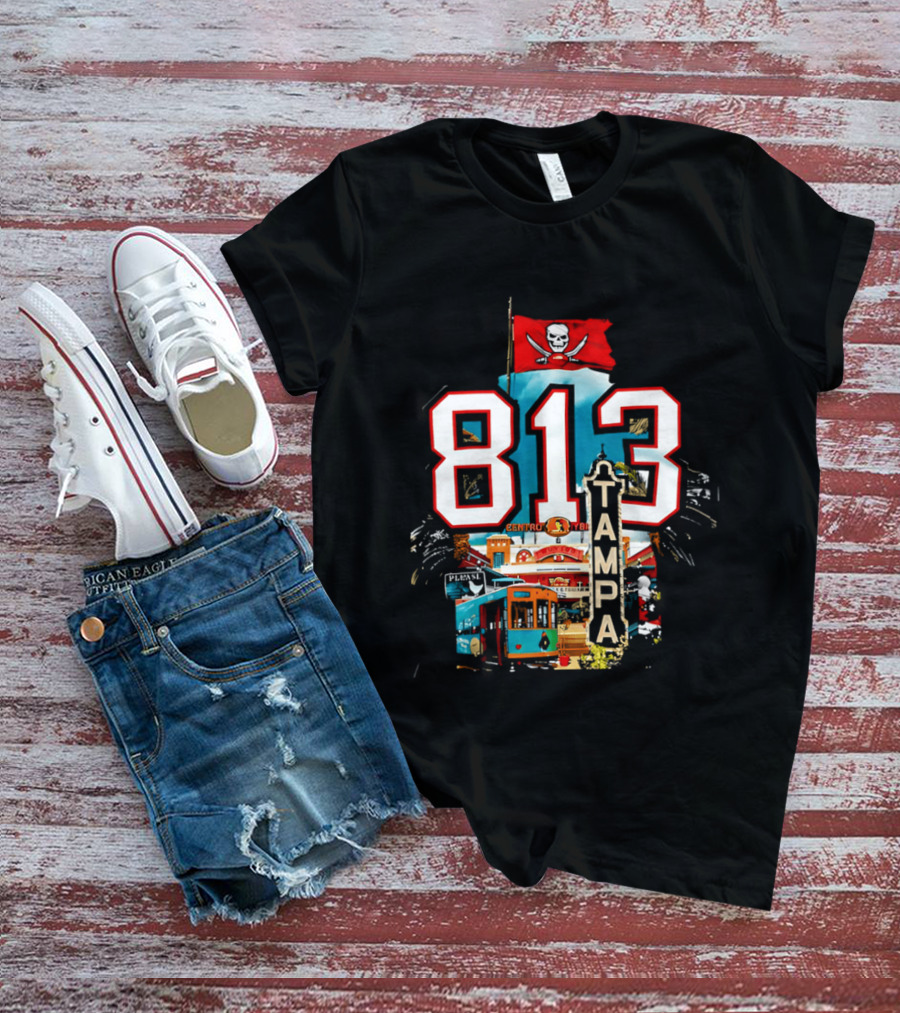Tampa Bay Buccaneers 813 Day Celebration With Pirate Flag And Tampa Landmarks T-Shirt