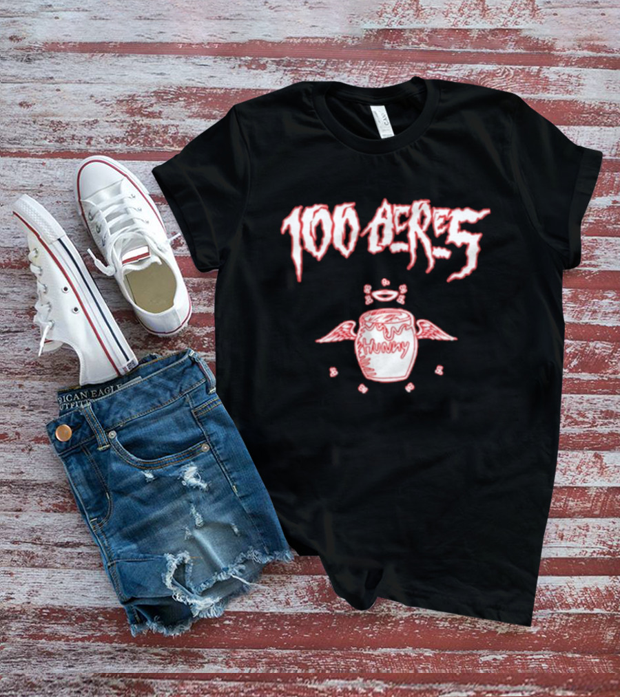 100 Acres Hunny Winged Honey Pot With Dripping Text And Doodles T-Shirt