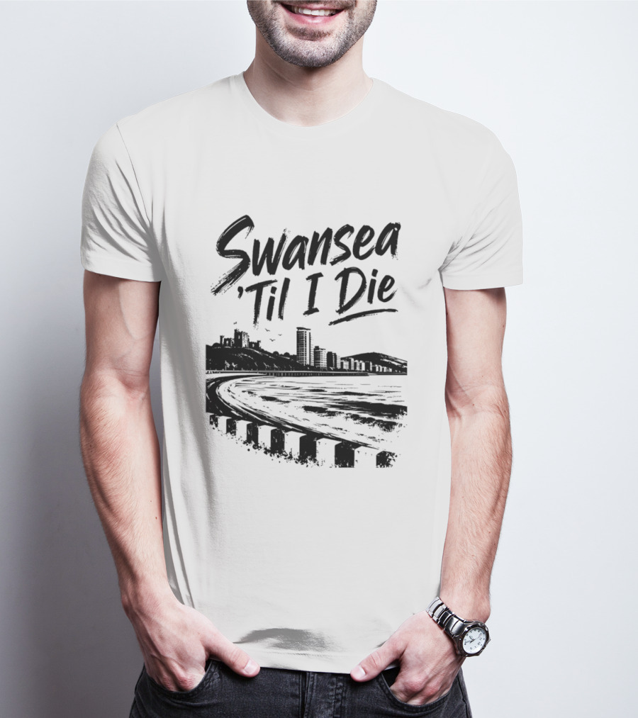 Swansea 'Til I Die Swansea Cityscape Coastal Skyline T-Shirt