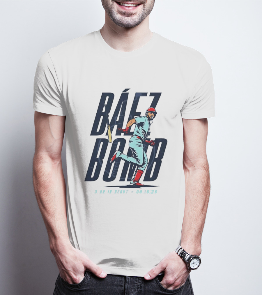 Báez Bomb 3 HR In Debut 08 15 26 Cartoon Baseball Player Running T-Shirt