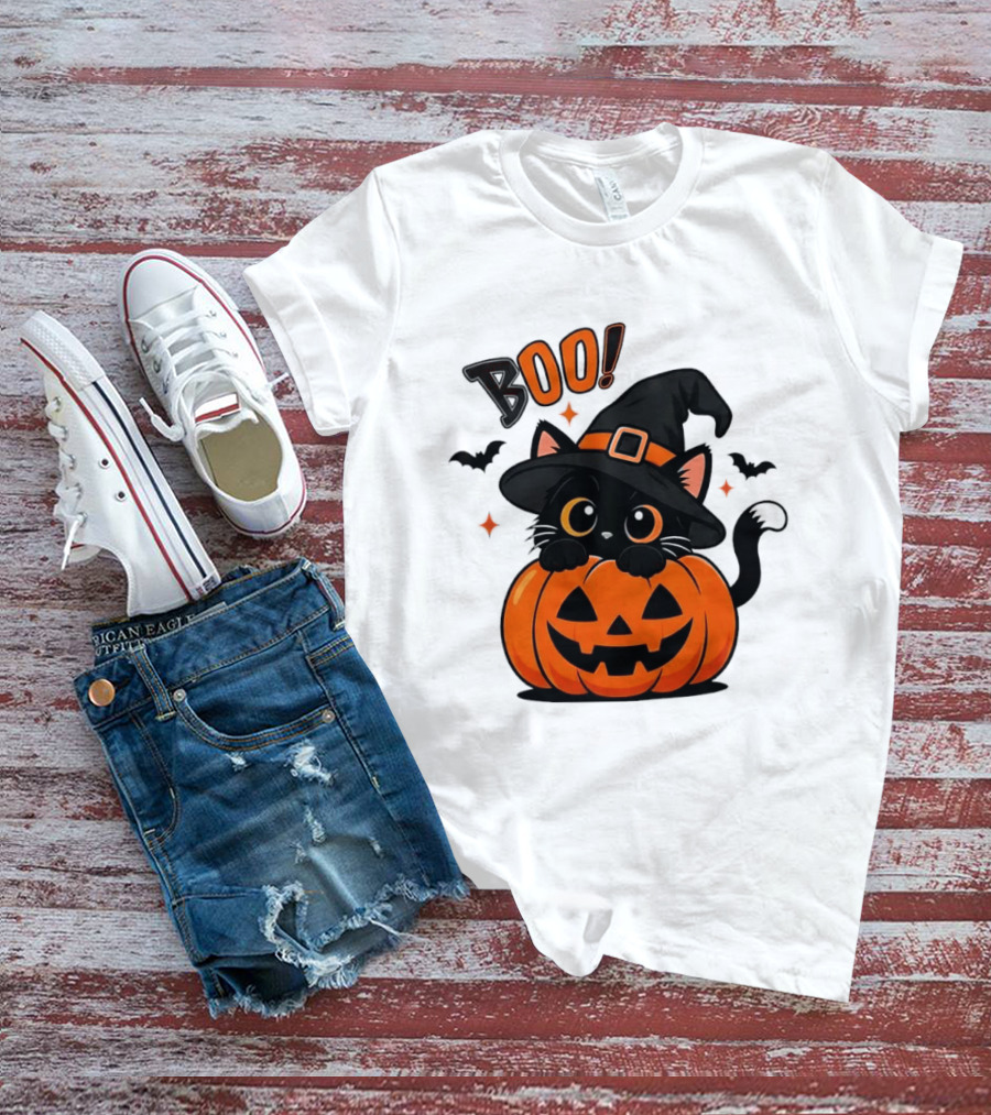 Boo Halloween Black Cat Witch Hat Jack O Lantern Pumpkin T-Shirt