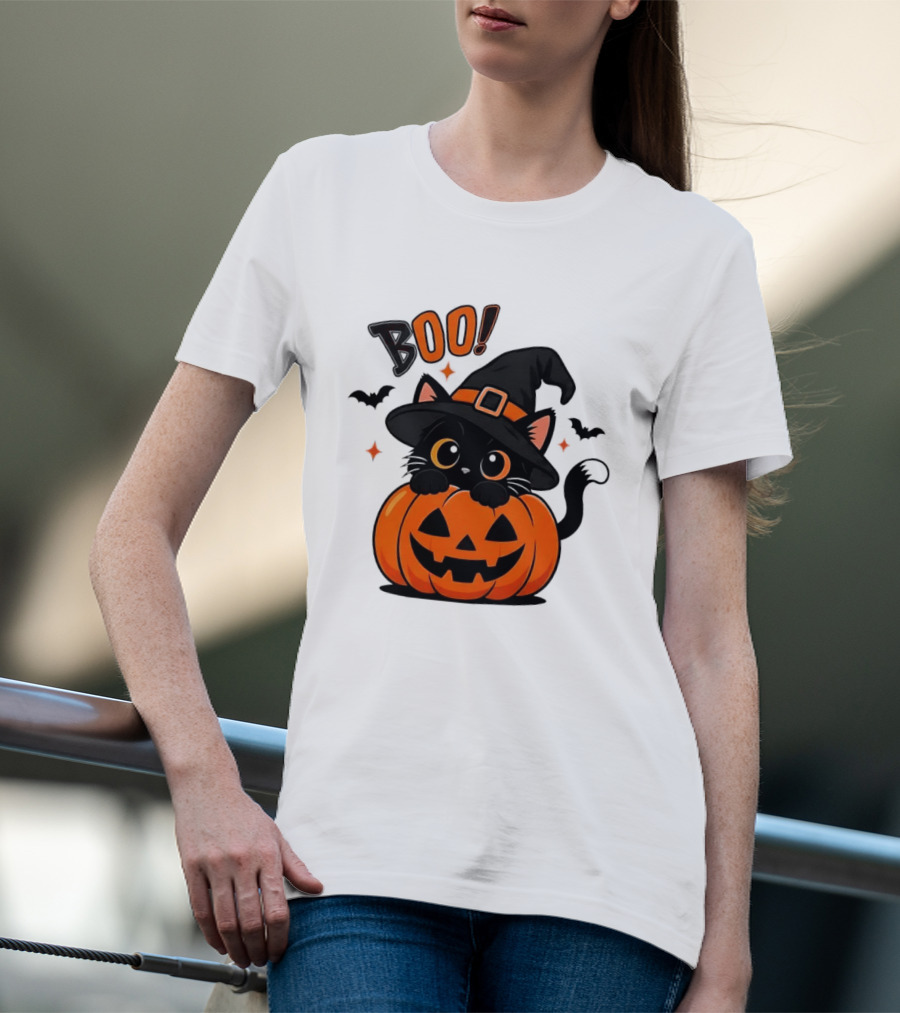 Boo Halloween Black Cat Witch Hat Jack O Lantern Pumpkin T-Shirt