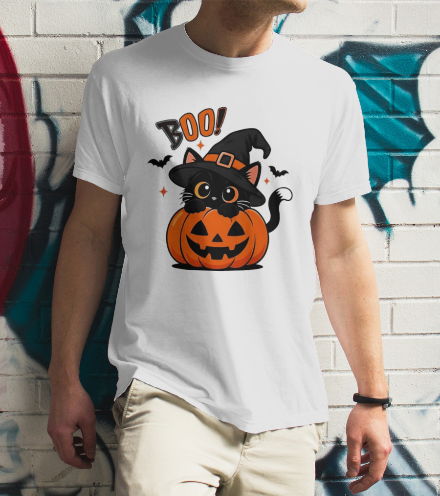 Boo Halloween Black Cat Witch Hat Jack O Lantern Pumpkin T-Shirt