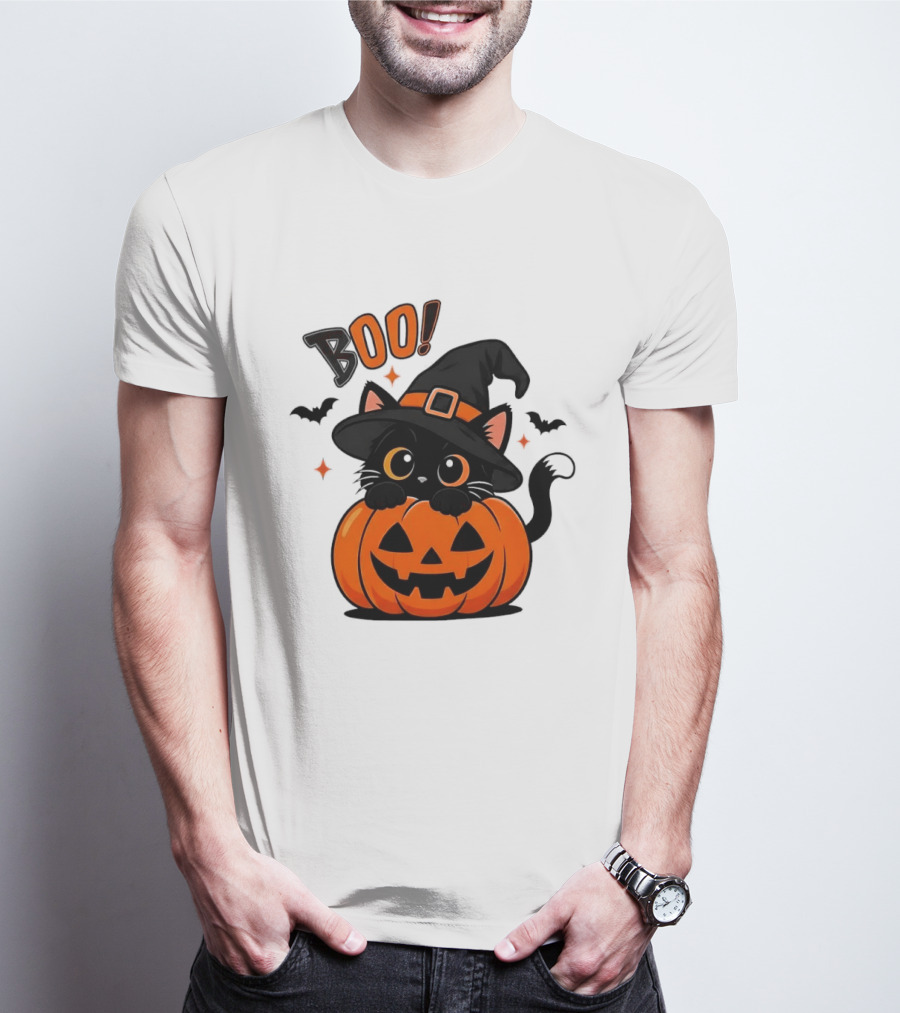 Boo Halloween Black Cat Witch Hat Jack O Lantern Pumpkin T-Shirt
