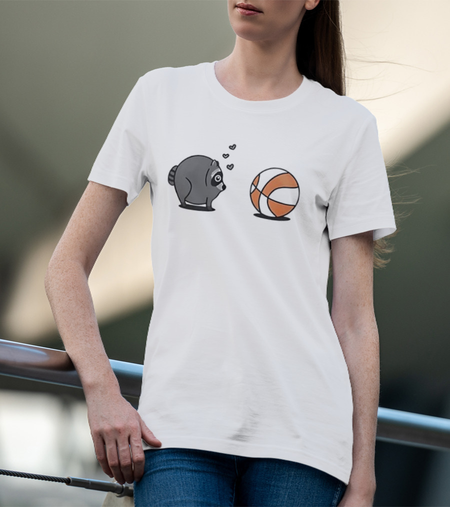 Chubby Cartoon Raccoon Admiring Basketball With Pink Hearts T-Shirt