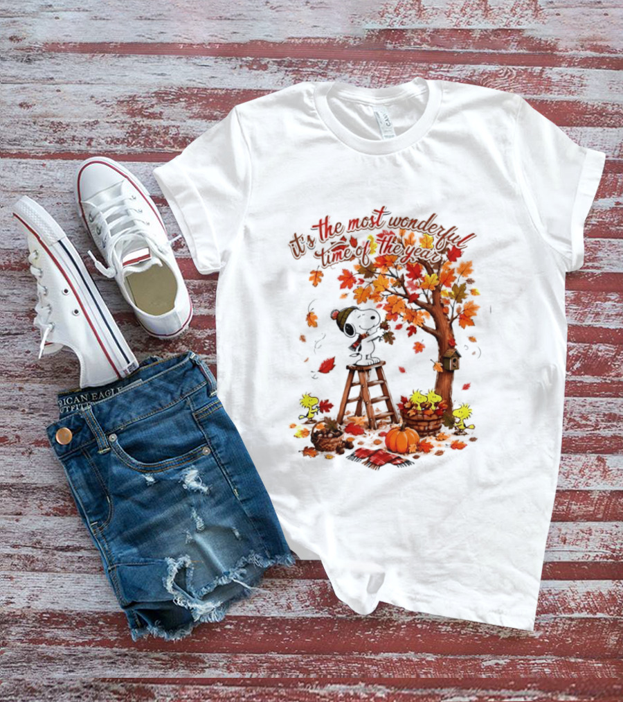 Snoopy It's The Most Wonderful Time Of The Year Autumn Tree Pumpkin Woodstock T-Shirt