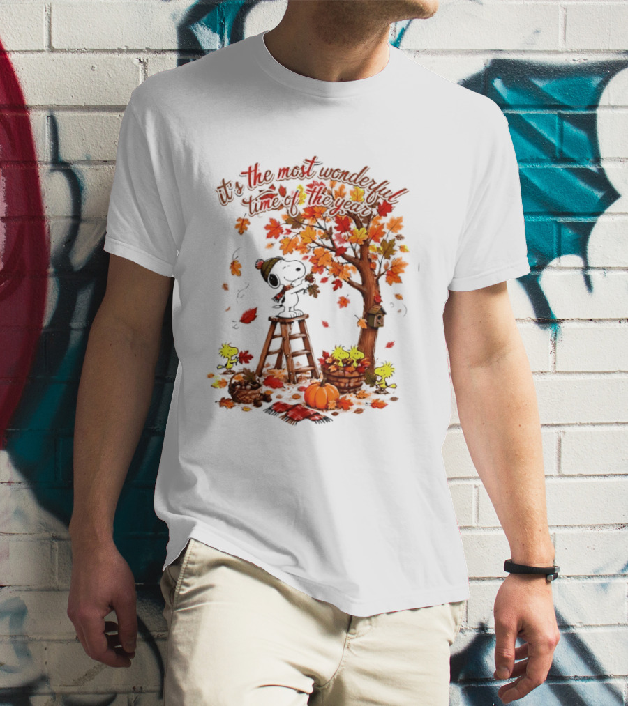 Snoopy It's The Most Wonderful Time Of The Year Autumn Tree Pumpkin Woodstock T-Shirt