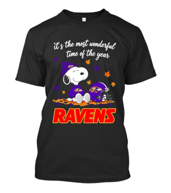 Baltimore Ravens It's The Most Wonderful Time Of Year Snoopy Sitting Leaves Football Helmet T-Shirt