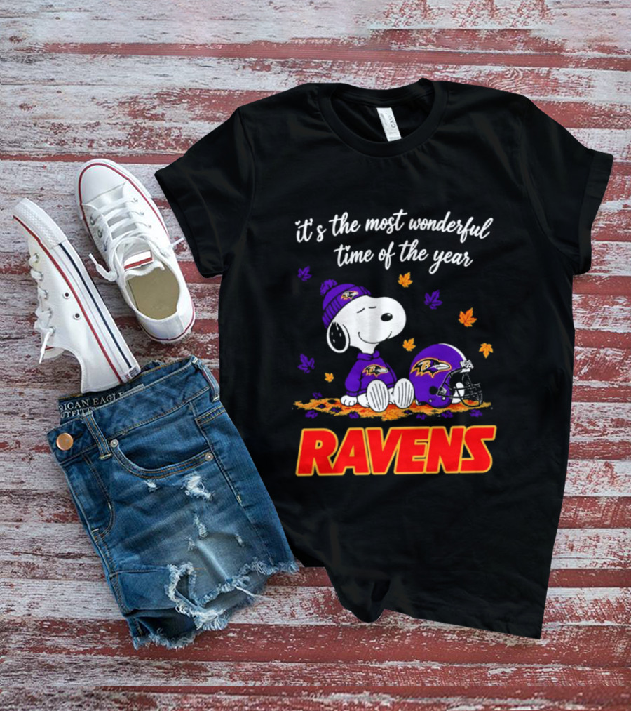 Baltimore Ravens It's The Most Wonderful Time Of Year Snoopy Sitting Leaves Football Helmet T-Shirt