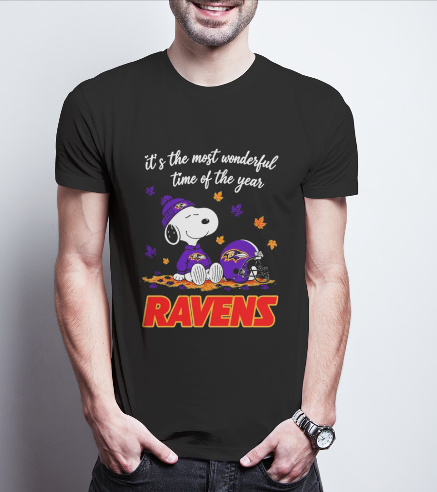 Baltimore Ravens It's The Most Wonderful Time Of Year Snoopy Sitting Leaves Football Helmet T-Shirt