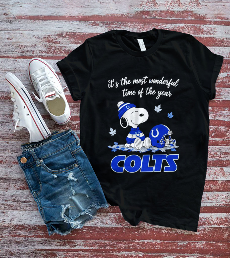 Indianapolis Colts Snoopy Beanie Helmet Leaves It's The Most Wonderful Time Of The Year T-Shirt