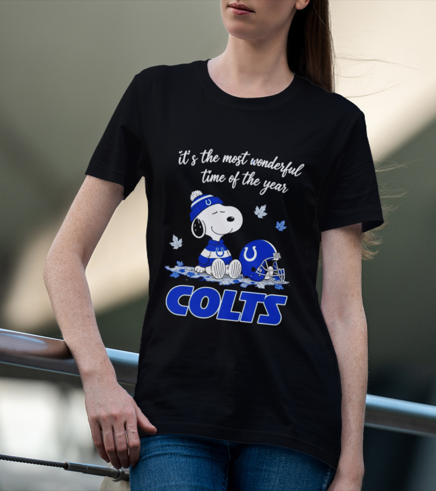 Indianapolis Colts Snoopy Beanie Helmet Leaves It's The Most Wonderful Time Of The Year T-Shirt