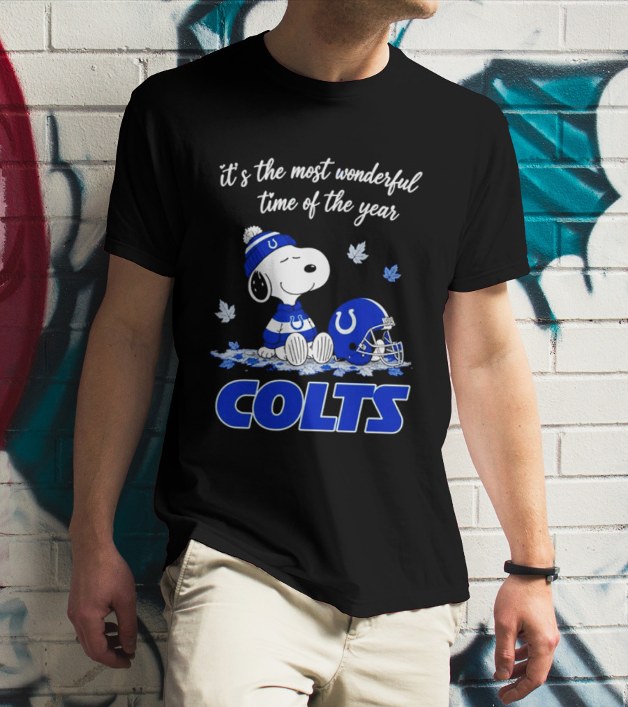 Indianapolis Colts Snoopy Beanie Helmet Leaves It's The Most Wonderful Time Of The Year T-Shirt