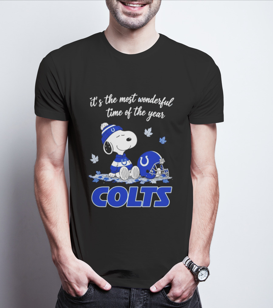 Indianapolis Colts Snoopy Beanie Helmet Leaves It's The Most Wonderful Time Of The Year T-Shirt
